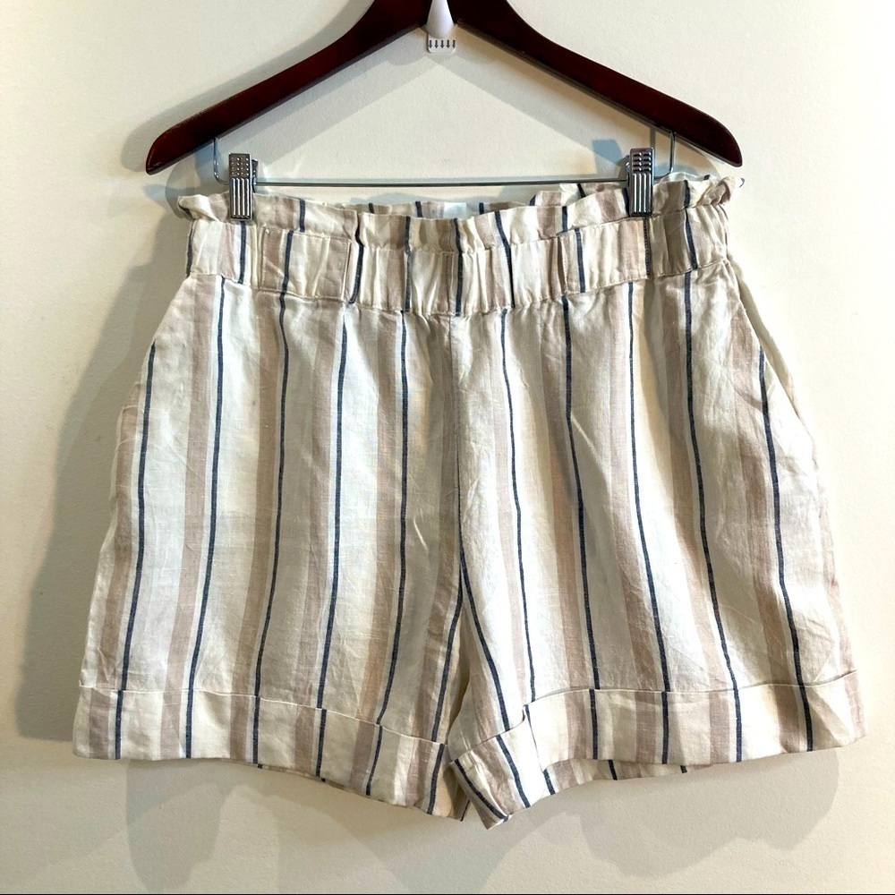 H&M Sz L Paperwaist 100% Linen High Rise Shorts With Pockets